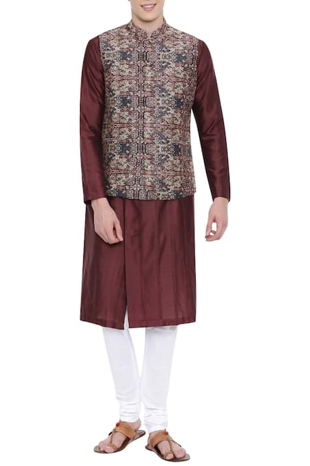 Mayank Modi - Men Brown Chanderi Printed Bundi  