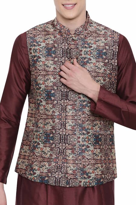 Shop_Mayank Modi - Men_Brown Chanderi Printed Bundi _at_Aza_Fashions