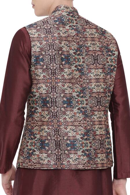 Mayank Modi - Men_Brown Chanderi Printed Bundi _Online_at_Aza_Fashions