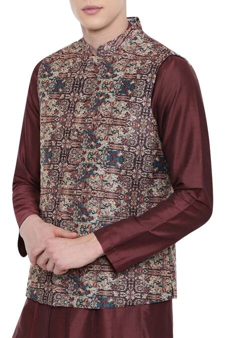 Buy_Mayank Modi - Men_Brown Chanderi Printed Bundi _Online_at_Aza_Fashions