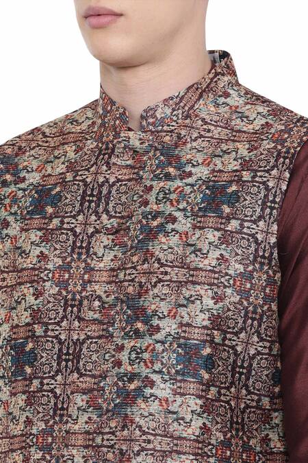 Shop_Mayank Modi - Men_Brown Chanderi Printed Bundi _Online_at_Aza_Fashions