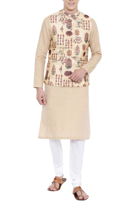 Mayank Modi - Men Yellow Chanderi Printed Bundi 