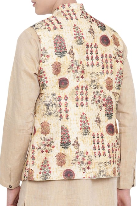 Mayank Modi - Men_Yellow Chanderi Printed Bundi _Online_at_Aza_Fashions