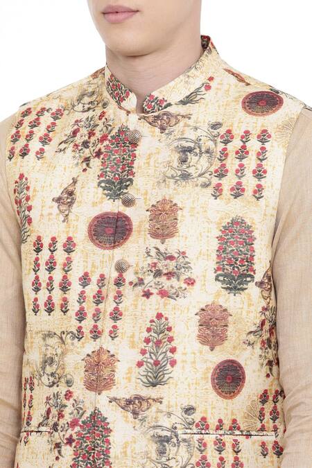 Shop_Mayank Modi - Men_Yellow Chanderi Printed Bundi _Online_at_Aza_Fashions