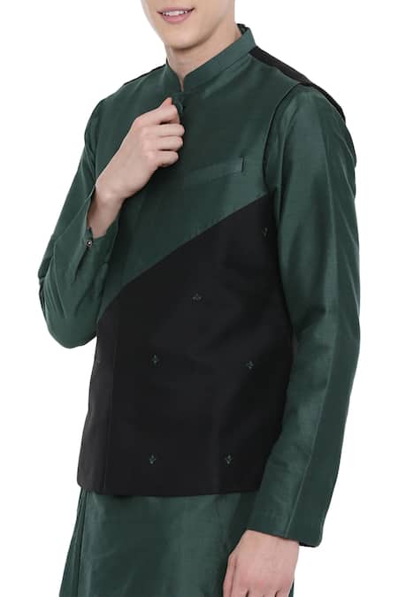 Buy_Mayank Modi - Men_Green Silk, Cotton Panel Bundi_Online_at_Aza_Fashions