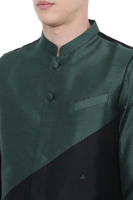Shop_Mayank Modi - Men_Green Silk, Cotton Panel Bundi_Online_at_Aza_Fashions