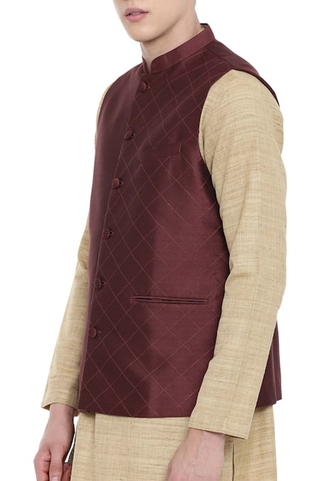 Buy_Mayank Modi - Men_Brown Silk, Cotton Embroidered Bundi_Online_at_Aza_Fashions