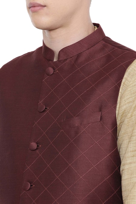 Shop_Mayank Modi - Men_Brown Silk, Cotton Embroidered Bundi_Online_at_Aza_Fashions