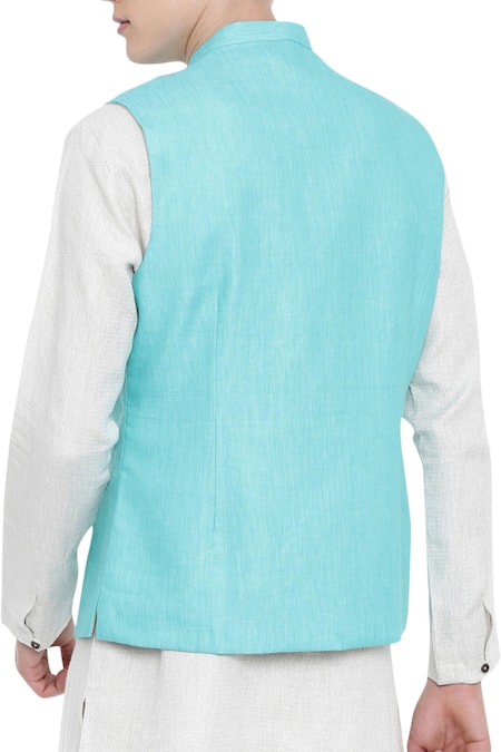Mayank Modi - Men_Blue Linen Bundi_Online_at_Aza_Fashions