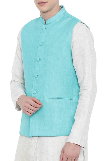 Buy_Mayank Modi - Men_Blue Linen Bundi_Online_at_Aza_Fashions