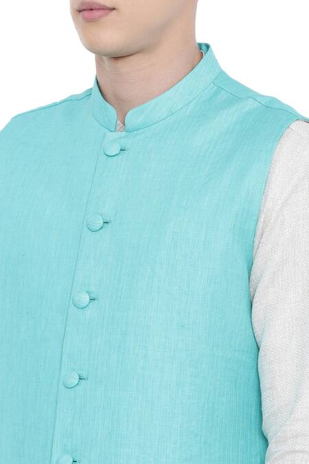 Shop_Mayank Modi - Men_Blue Linen Bundi_Online_at_Aza_Fashions