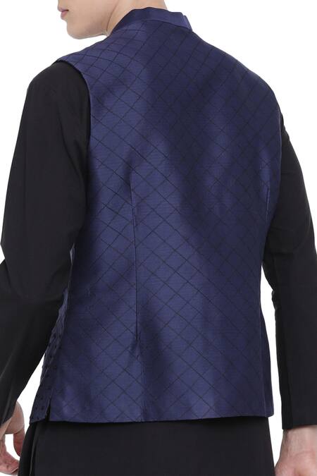 Mayank Modi - Men_Blue Silk, Cotton Embroidered Bundi_Online_at_Aza_Fashions