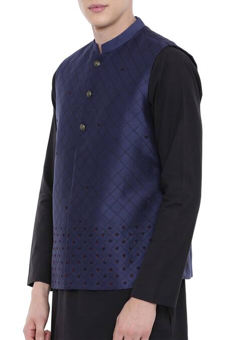 Buy_Mayank Modi - Men_Blue Silk, Cotton Embroidered Bundi_Online_at_Aza_Fashions