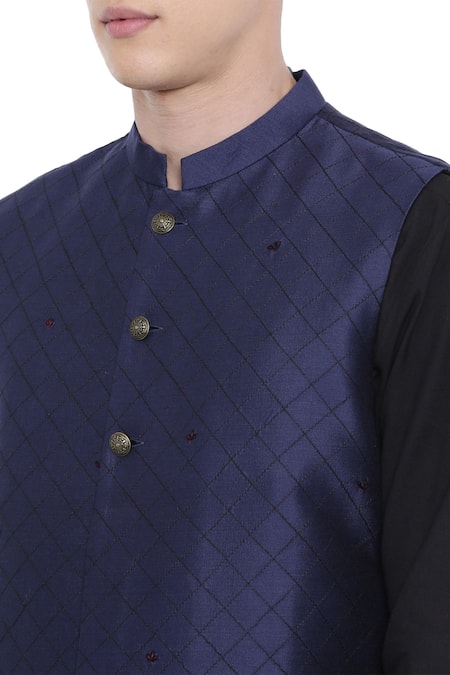Shop_Mayank Modi - Men_Blue Silk, Cotton Embroidered Bundi_Online_at_Aza_Fashions