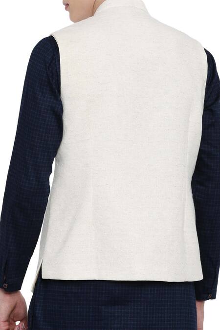 Mayank Modi - Men_Cream Cotton Jaquard Bundi_Online_at_Aza_Fashions