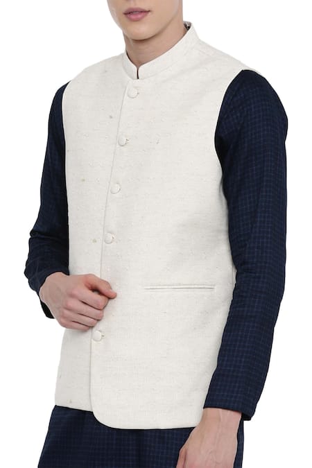 Buy_Mayank Modi - Men_Cream Cotton Jaquard Bundi_Online_at_Aza_Fashions