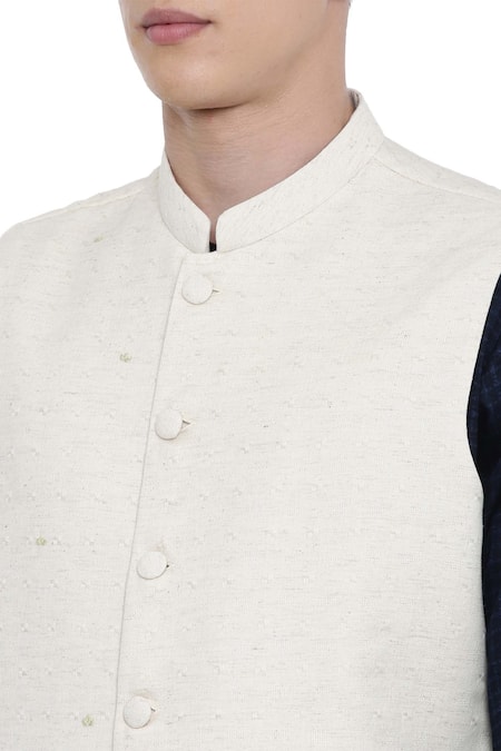 Shop_Mayank Modi - Men_Cream Cotton Jaquard Bundi_Online_at_Aza_Fashions