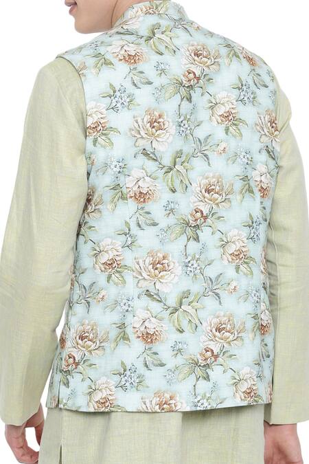 Mayank Modi - Men_Green Linen Printed Bundi _Online_at_Aza_Fashions