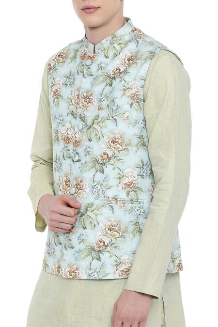 Buy_Mayank Modi - Men_Green Linen Printed Bundi _Online_at_Aza_Fashions