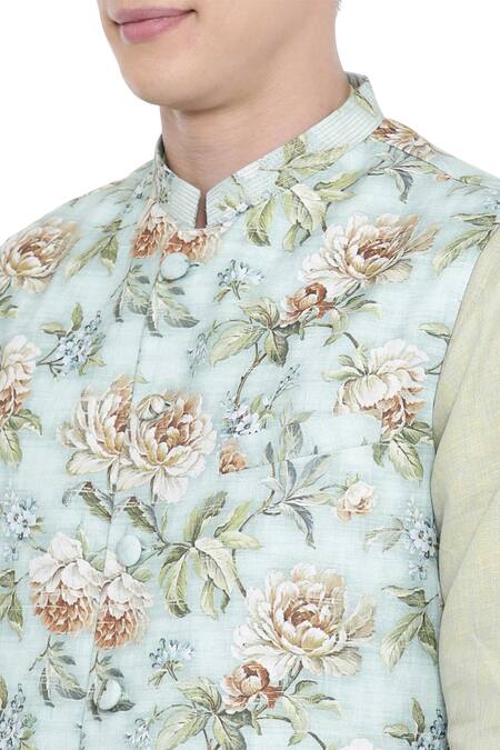 Shop_Mayank Modi - Men_Green Linen Printed Bundi _Online_at_Aza_Fashions