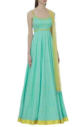 Salian By Anushree_Blue Modal Satin Printed Anarkali  With Dupatta_Online_at_Aza_Fashions