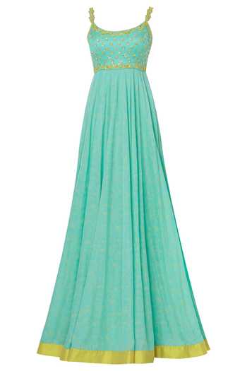 Shop_Salian By Anushree_Blue Modal Satin Printed Anarkali  With Dupatta_Online_at_Aza_Fashions