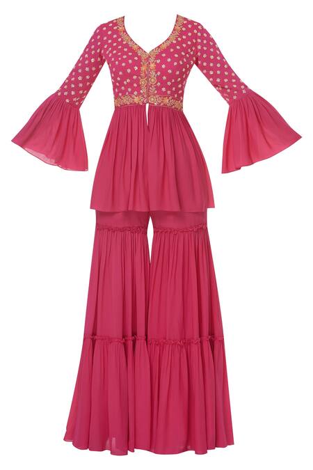 Buy_Salian By Anushree_Pink Georgette Embellished Kurta Sharara Set_Online_at_Aza_Fashions