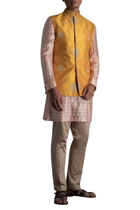 Qbik Beige Raw Silk Embroidered Nehru Jacket And Kurta Set