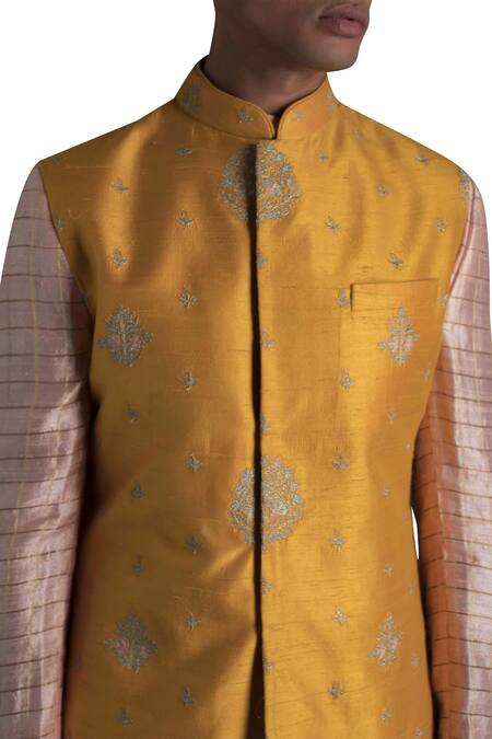 Shop_Qbik_Beige Raw Silk Embroidered Nehru Jacket And Kurta Set_Online_at_Aza_Fashions