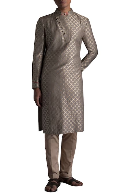 Qbik Grey Muga Silk Straight Kurta And Trouser Set