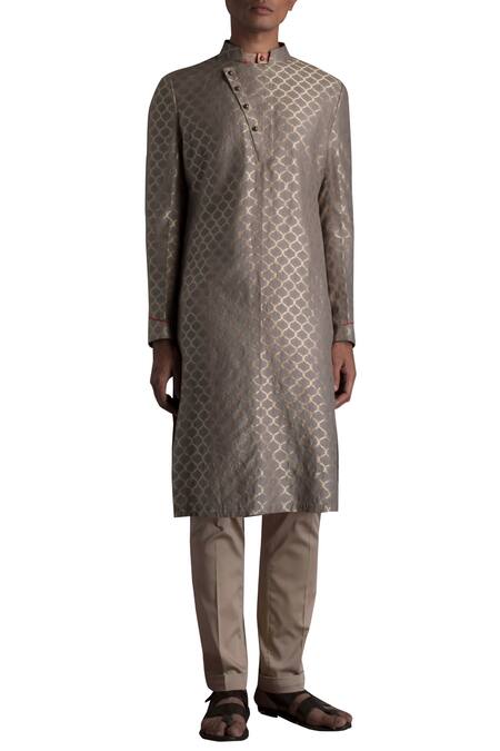 Shop Qbik Grey Muga Silk Straight Kurta And Trouser Set at Aza Fashions Shop_Qbik_Grey Muga Silk Straight Kurta And Trouser Set_at_Aza_Fashions