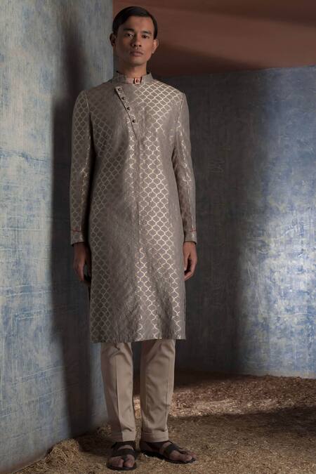 Qbik Grey Muga Silk Straight Kurta And Trouser Set Online at Aza Fashions Qbik_Grey Muga Silk Straight Kurta And Trouser Set_Online_at_Aza_Fashions