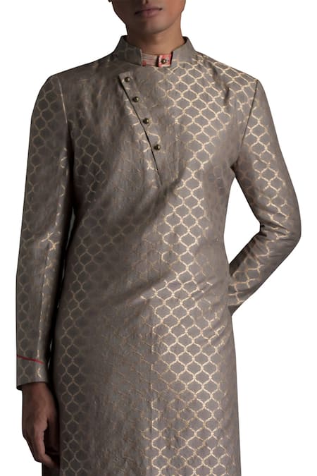 Buy Qbik Grey Muga Silk Straight Kurta And Trouser Set Online at Aza Fashions Buy_Qbik_Grey Muga Silk Straight Kurta And Trouser Set_Online_at_Aza_Fashions