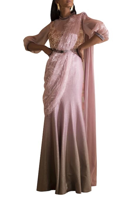 Qbik Pink Satin Chiffon Fish Cut Saree Gown With Belt