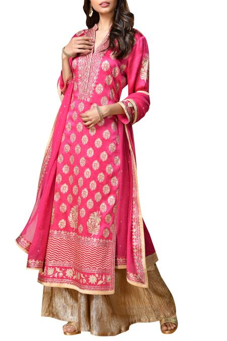 RI.Ritu Kumar Gold Satin V Neck Embroidered Kurta Palazzo Set Online at Aza Fashions RI.Ritu Kumar_Gold Satin V Neck Embroidered Kurta Palazzo Set_Online_at_Aza_Fashions