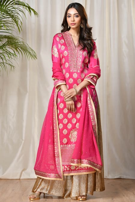 Buy RI.Ritu Kumar Gold Satin V Neck Embroidered Kurta Palazzo Set Online at Aza Fashions Buy_RI.Ritu Kumar_Gold Satin V Neck Embroidered Kurta Palazzo Set_Online_at_Aza_Fashions