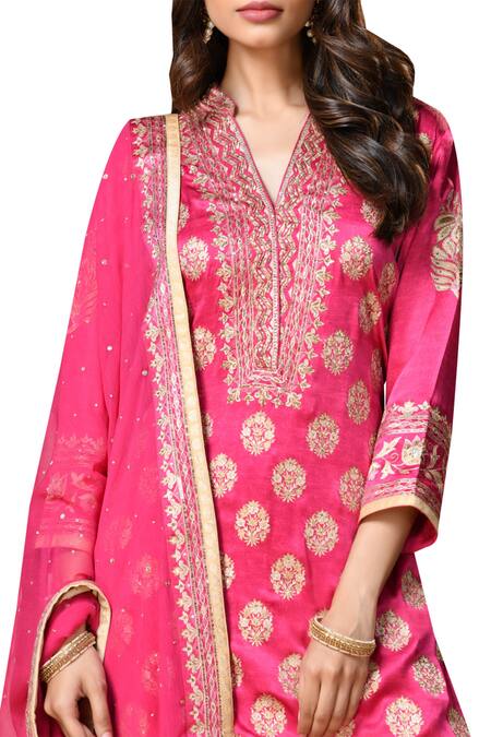 RI.Ritu Kumar Gold Satin V Neck Embroidered Kurta Palazzo Set at Aza Fashions RI.Ritu Kumar_Gold Satin V Neck Embroidered Kurta Palazzo Set_at_Aza_Fashions