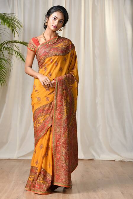 Buy RI.Ritu Kumar Yellow Silk Blend Embroidered Saree With Unstitched Blouse Online at Aza Fashions Buy_RI.Ritu Kumar_Yellow Silk Blend Embroidered Saree With Unstitched Blouse _Online_at_Aza_Fashions