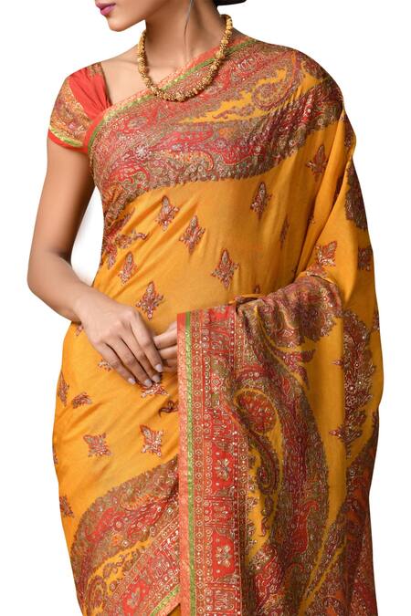 Shop RI.Ritu Kumar Yellow Silk Blend Embroidered Saree With Unstitched Blouse Online at Aza Fashions Shop_RI.Ritu Kumar_Yellow Silk Blend Embroidered Saree With Unstitched Blouse _Online_at_Aza_Fashions