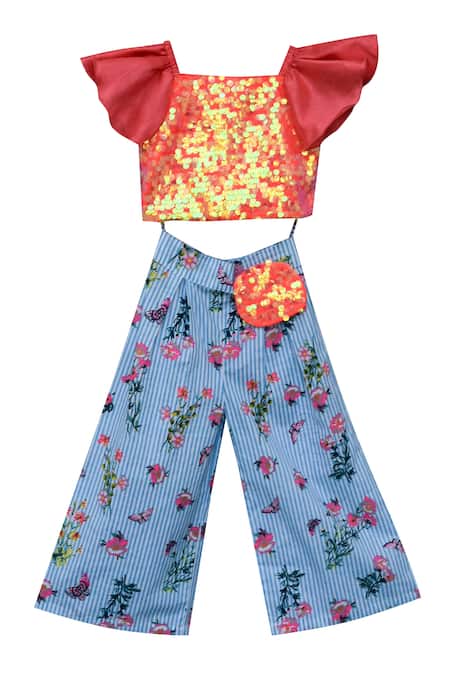 Fayon Kids_Blue Dupion Silk Crop Top With Pants _Online_at_Aza_Fashions