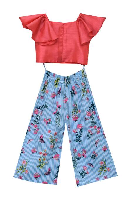 Buy_Fayon Kids_Blue Dupion Silk Crop Top With Pants _Online_at_Aza_Fashions