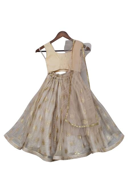 Shop_Fayon Kids_Gold Netlining Fabric Dupion Shimmer Lehenga Set _Online_at_Aza_Fashions