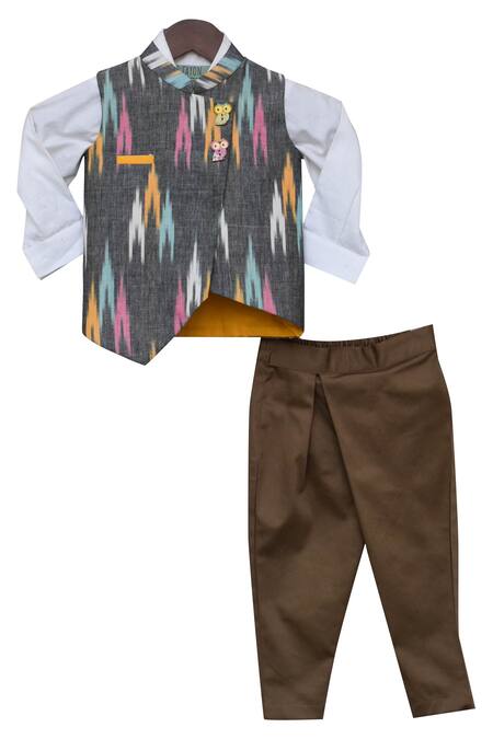 Shop_Fayon Kids_White Cottonlining Fabric Shantoon Printed Jacket With Shirt And Pant _Online_at_Aza_Fashions