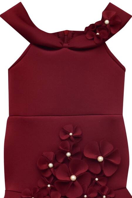 Fayon Kids_Maroon Lycra Fabric Flowers 3d Fish Gown _Online_at_Aza_Fashions