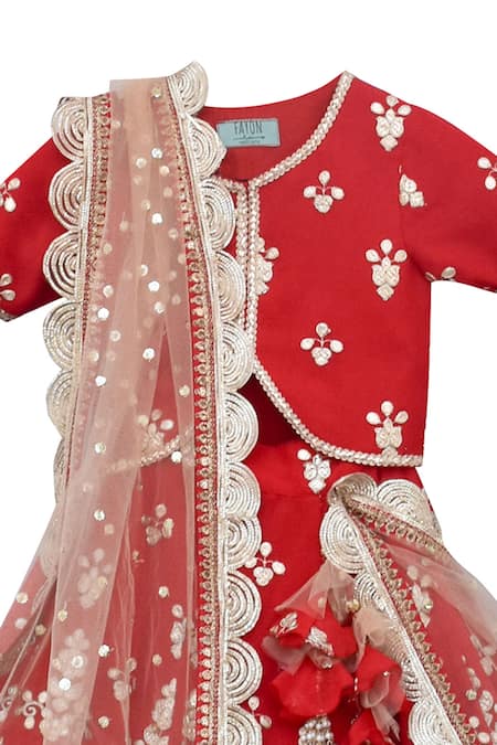 Fayon Kids Red Cotton, Georgette Sequins, Gota Patti, Tassels Embroidered Lehenga Set Online at Aza Fashions Fayon Kids_Red Cotton, Georgette Sequins, Gota Patti, Tassels Embroidered Lehenga Set _Online_at_Aza_Fashions