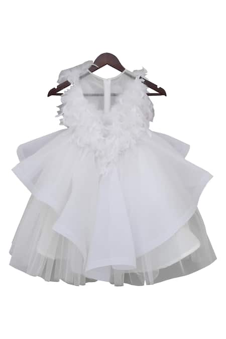 Shop Fayon Kids White Net, Cotton Feathers Layered Asymmetric Frock With at Aza Fashions Shop_Fayon Kids_White Net, Cotton Feathers Layered Asymmetric Frock With _at_Aza_Fashions