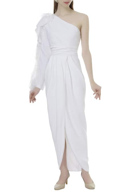 Gauri & Nainika White Micro Asymmetric One Shoulder Maxi Dress 