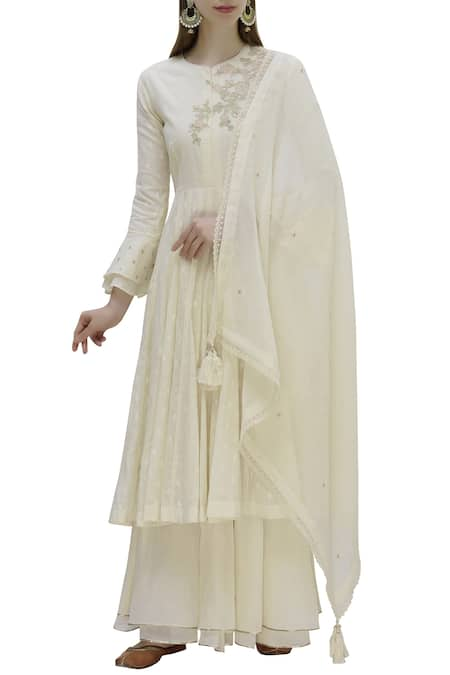 MATSYA Off White Cotton Silk Anarkali And Sharara Set