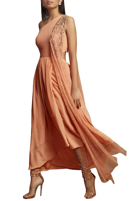 Buy_Shloka Khialani_Peach Net, Crepe, Cotton Satin One Shoulder Kurta Set _Online_at_Aza_Fashions