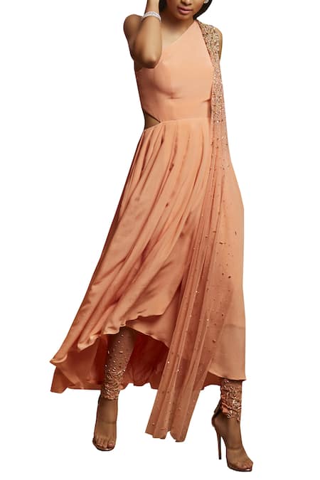 Shloka Khialani_Peach Net, Crepe, Cotton Satin One Shoulder Kurta Set _Online_at_Aza_Fashions